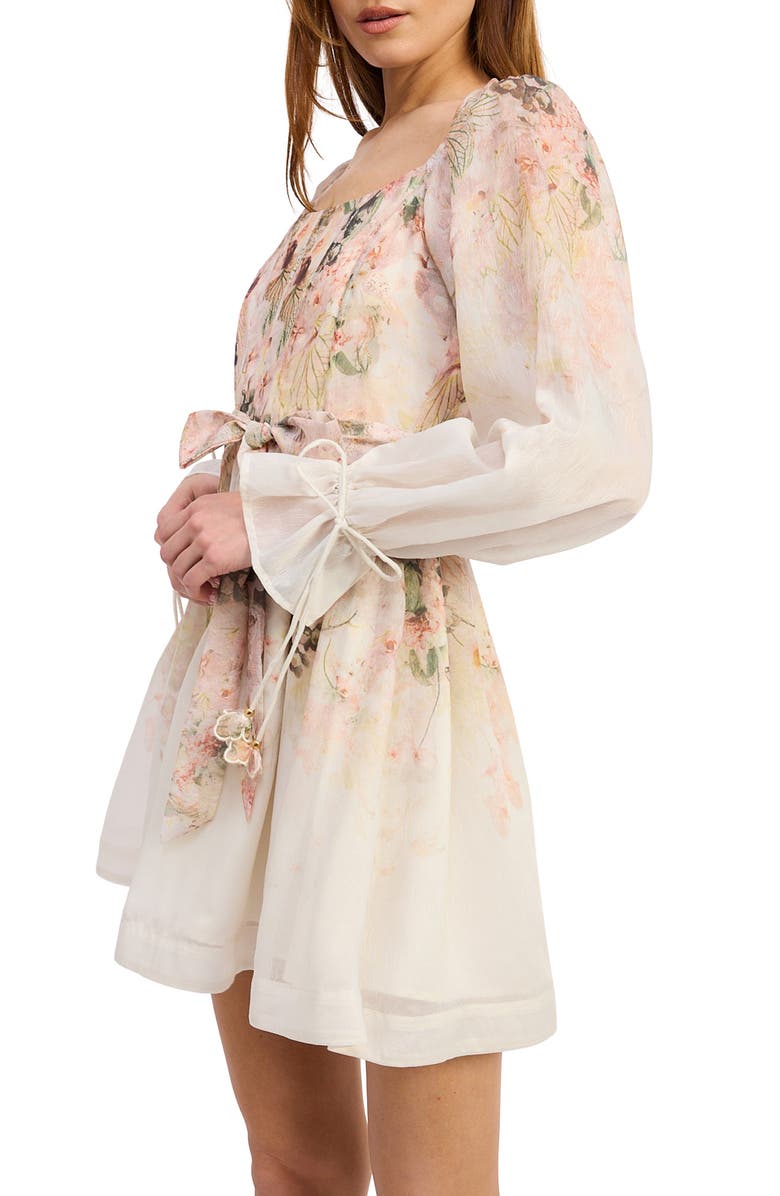 En Saison Floral Print Tie Waist Long Sleeve Chiffon Minidress, Alternate, color, Ivory Blush Orchid