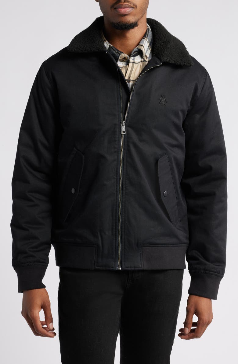 Original Penguin Logo Faux Shearling Collar Insulated Twill Bomber Jacket, Alternate, color, 