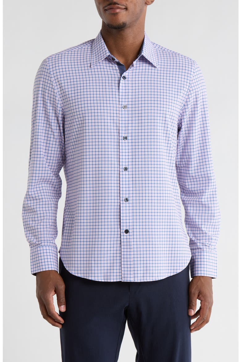 Grid Print Stretch Dress Shirt, Main, color, NAVY/ CORAL