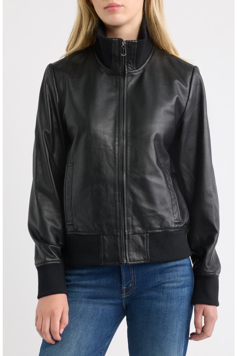 Knit Collar Leather Jacket, Alternate, color, BLACK