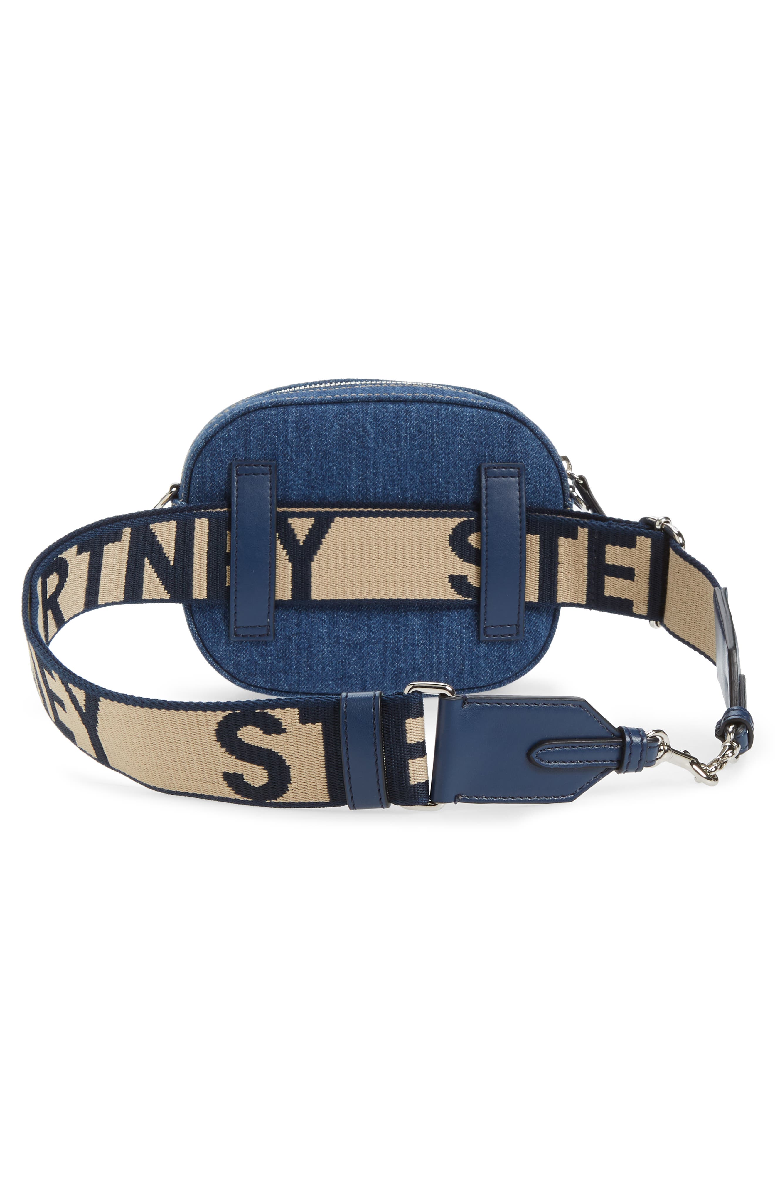 Stella McCartney Eco Studded Logo Organic Denim Belt Bag, Alternate, color, 