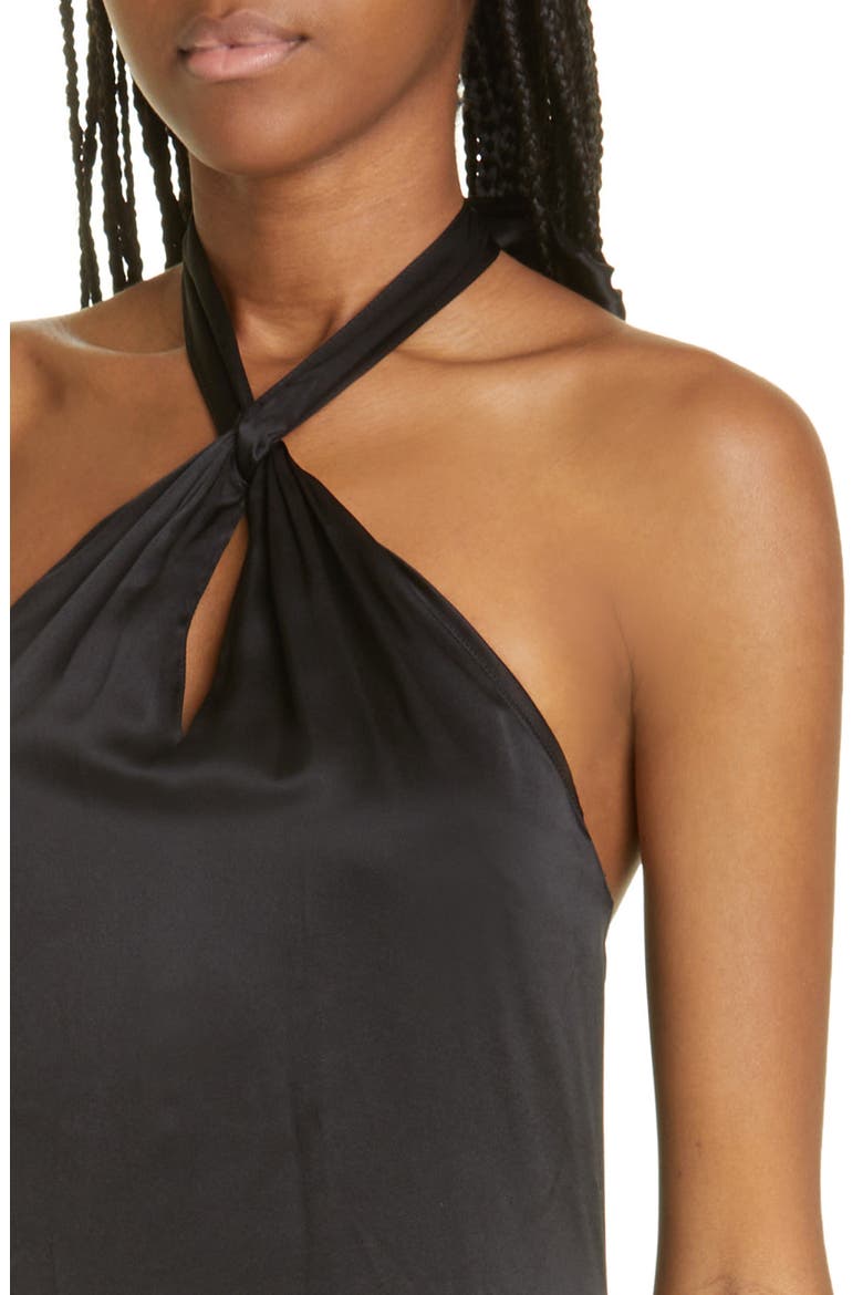 Barb Feather Hem Silk Halter Dress, Alternate, color, BLACK