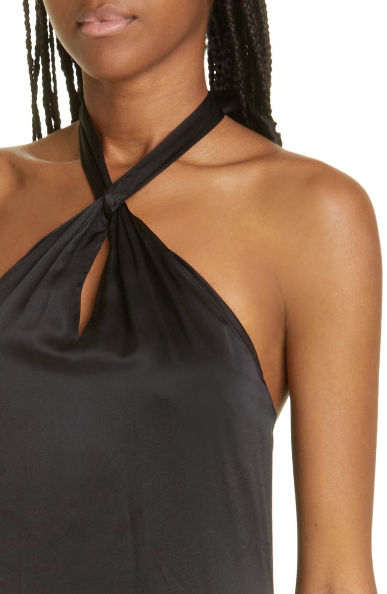 Cinq à Sept Barb Feather Hem Silk Halter Dress, Alternate, color, 