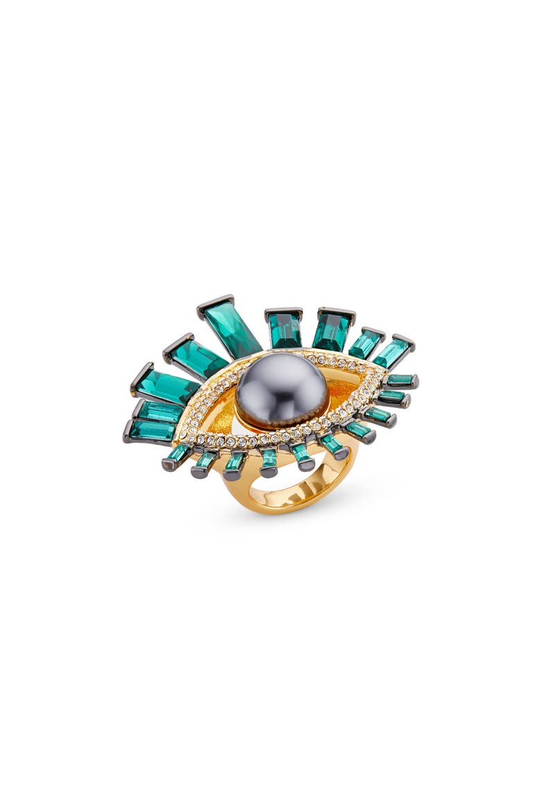 Imitation Pearl & Crystal Evil Eye Cocktail Ring, Main, color, GREEN