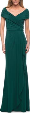 La Femme Ruched Jersey Long Gown with V-Neckline