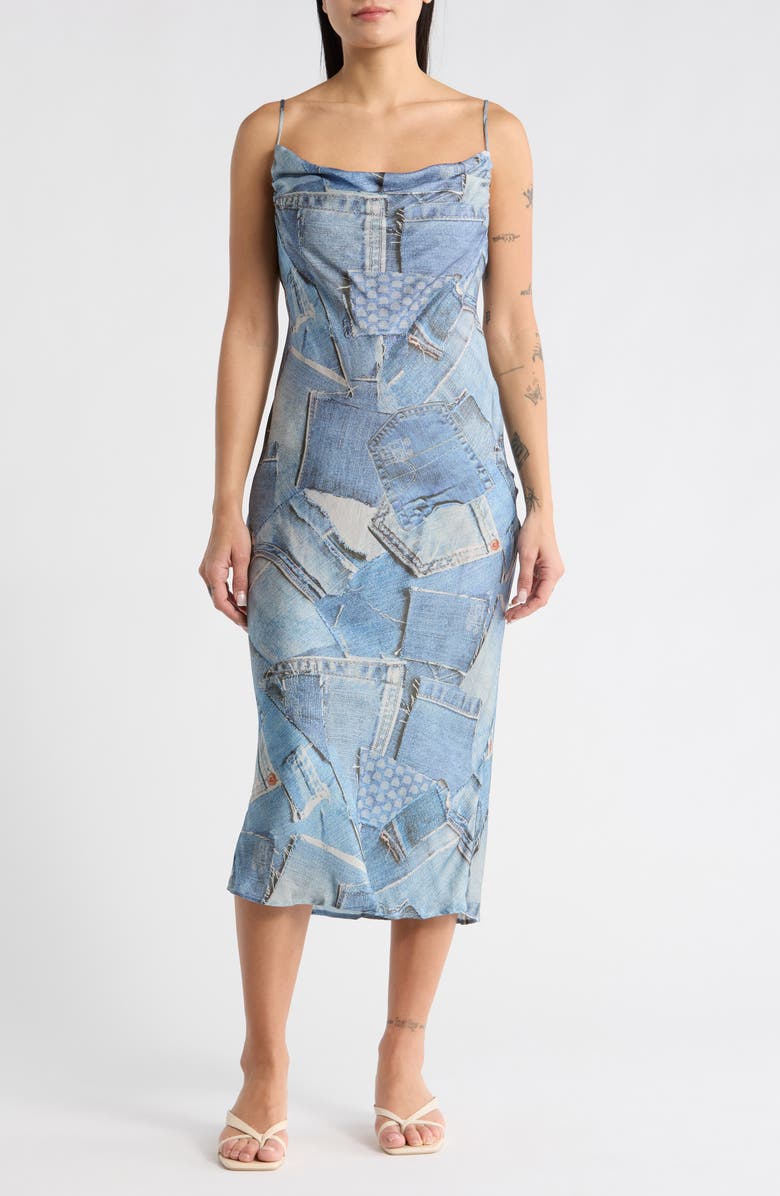 Desigual Denim Print Slipdress, Main, color, Blue