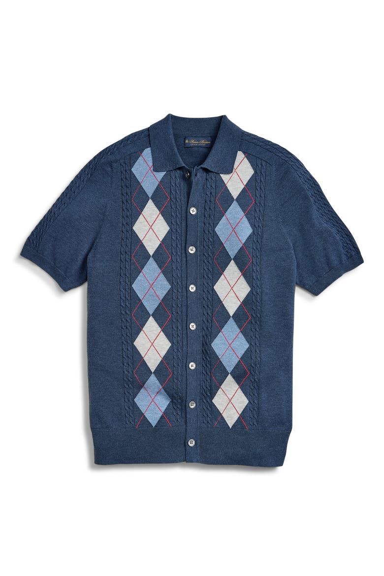Collared Short Sleeve Argyle Cotton Cardigan, Main, color, NAVY MULTI ARGYLE