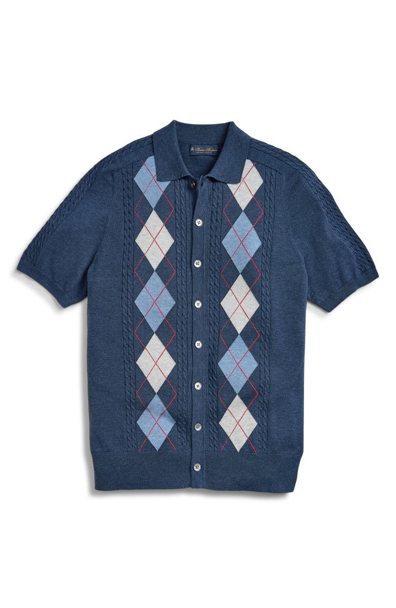 Brooks Brothers Collared Short Sleeve Argyle Cotton Cardigan, Main, color, Navy Multi Argyle