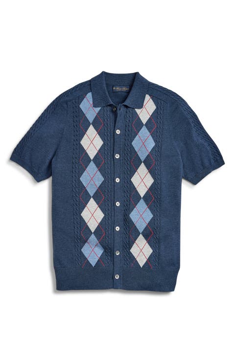 Collared Short Sleeve Argyle Cotton Cardigan