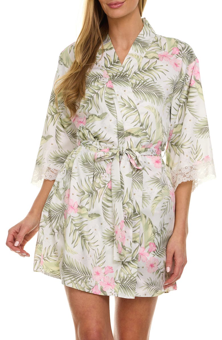 Flora Nikrooz Sabrina Floral Print Satin Short Pajamas & Robe Set, Alternate, color, Cream