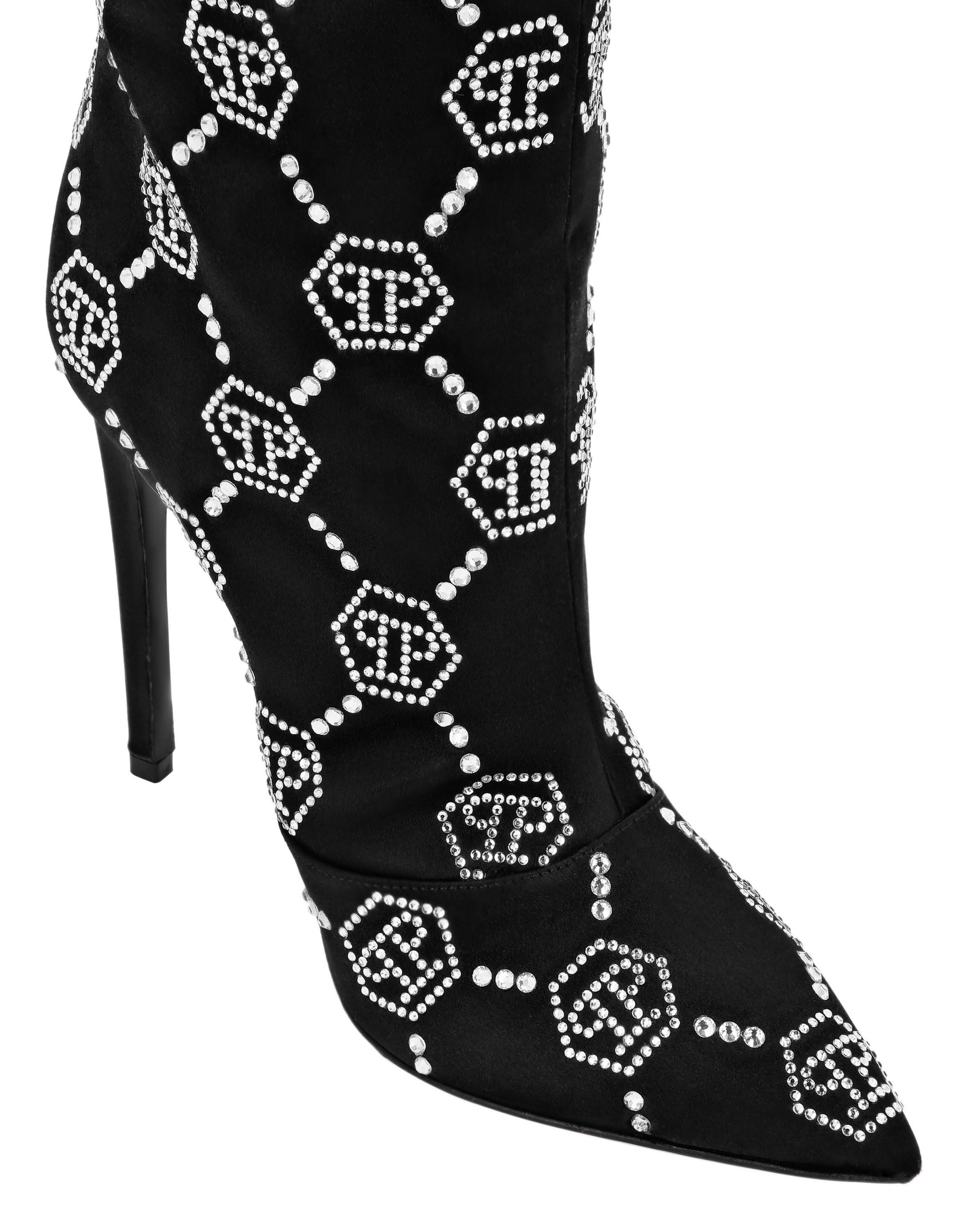 PHILIPP PLEIN Satin Boots High Heels Mid Strass Monogram Women, Alternate, color, Black/Crystal