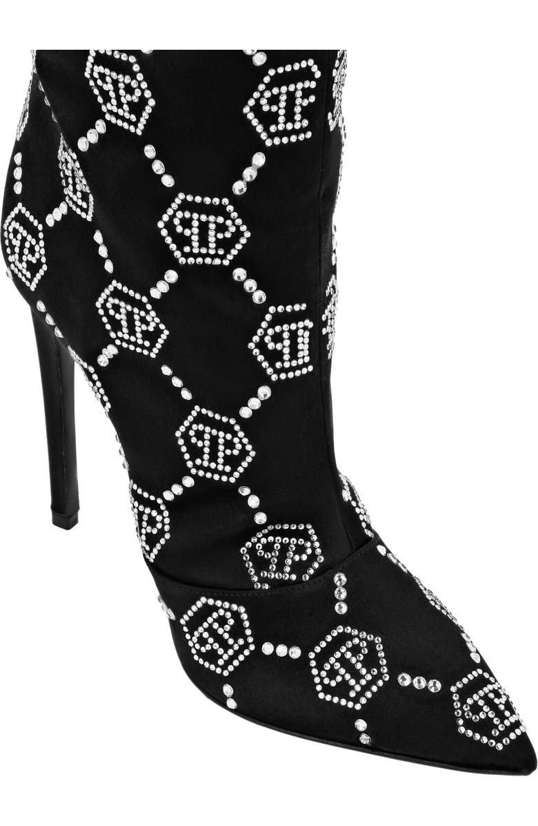 PHILIPP PLEIN Satin Boots High Heels Mid Strass Monogram Women, Alternate, color, Black/Crystal