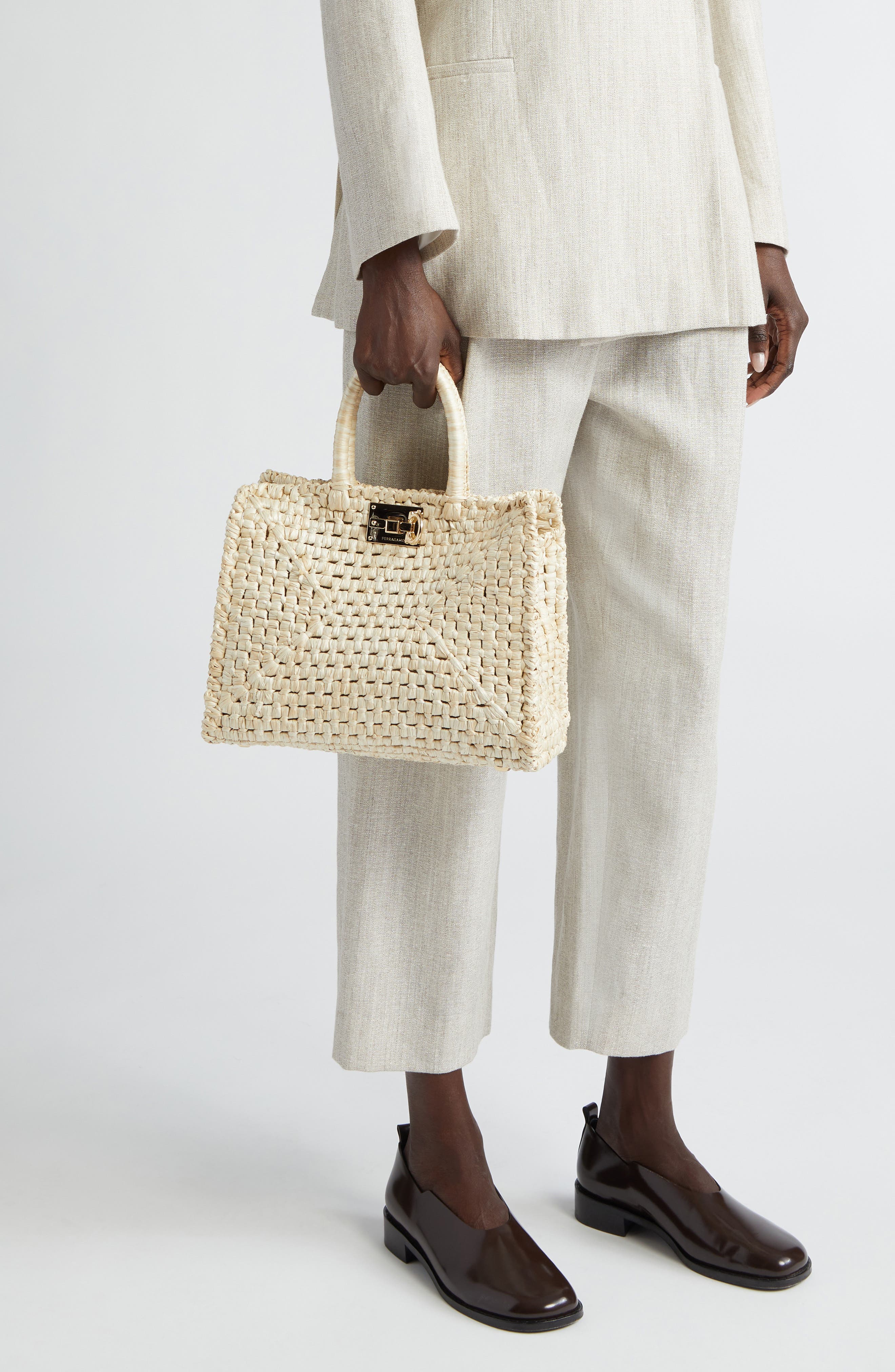 FERRAGAMO Large Raffia Tote, Alternate, color, 