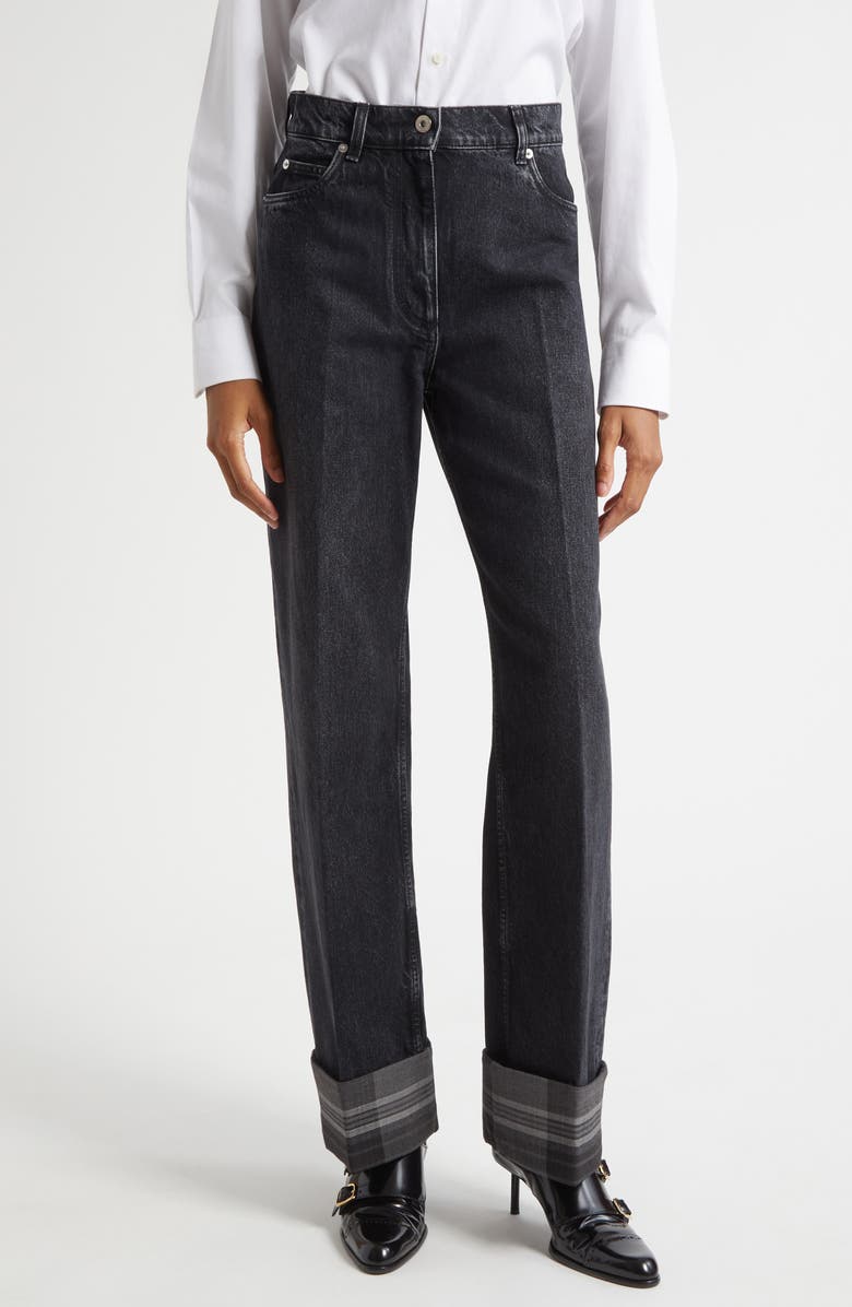 FERRAGAMO Contrast Cuff Straight Leg Jeans, Main, color, Nero