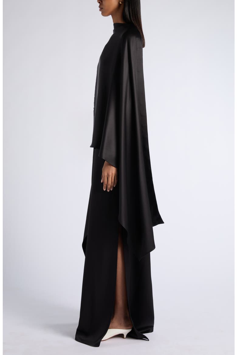 Fluid Silk Satin Cape Maxi Dress, Alternate, color, DOUBLE BLACK
