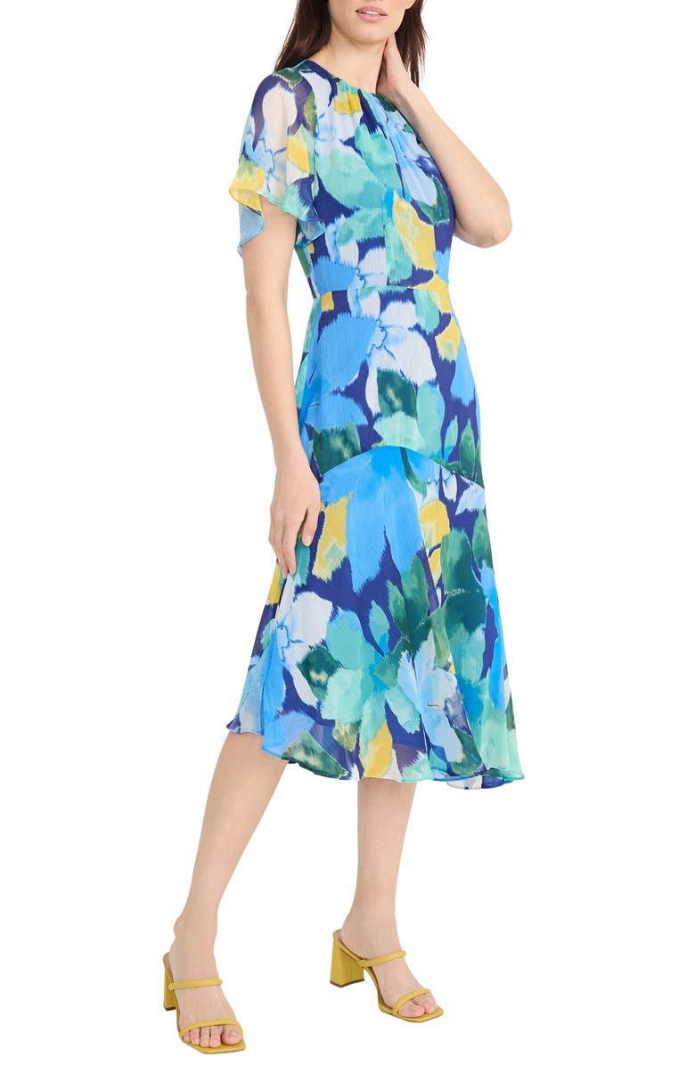 Maggy London Print Flutter Sleeve Asymmetric Midi Dress, Alternate, color, Navy/ Cerulian Blue