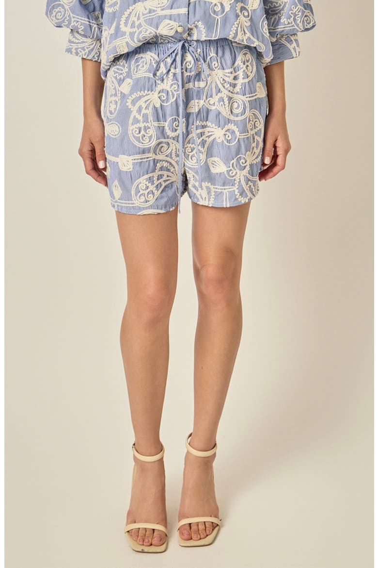 Embroidered Striped Shorts, Main, color, BLUE CREAM