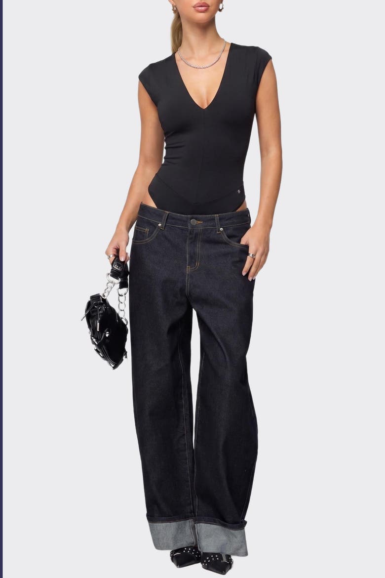 Shapewear V-Neck Cap Sleeve Tummy Control Bodysuit, Alternate, color, Jet
