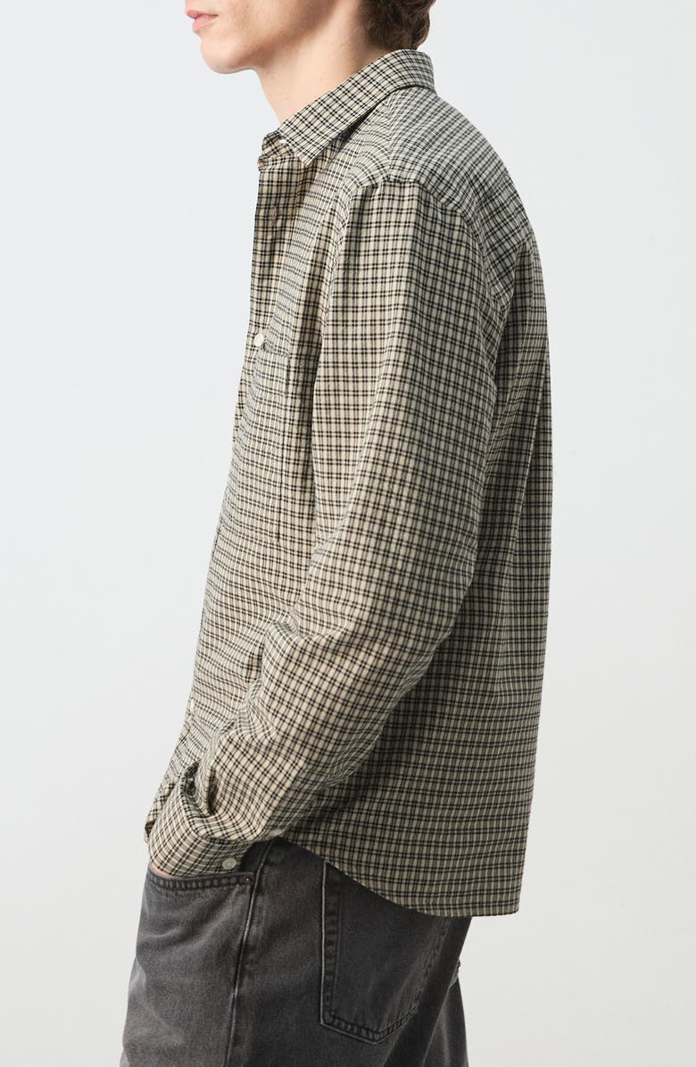 MANGO Regular Fit Check Cotton Blend Button-Up Shirt, Alternate, color, Beige