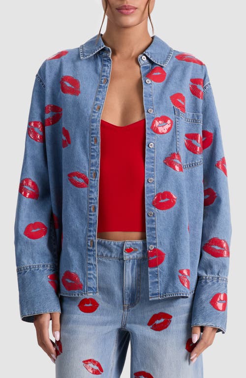 Alice And Olivia Alice + Olivia Kiss Print Denim Shirt Jacket In Blue
