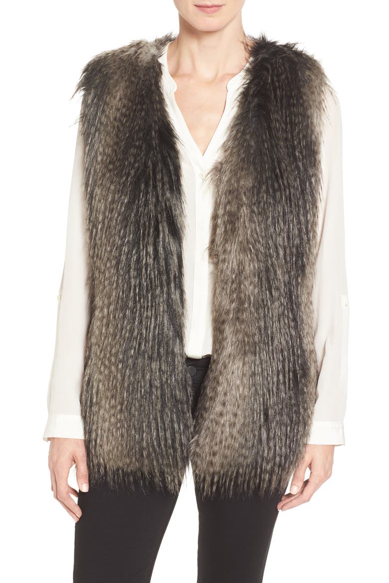 Collarless Faux Fur Vest, Main, color, BLACK