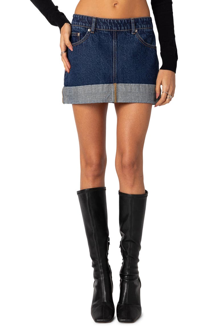 Off Duty Foldover Cuff Denim Miniskirt, Main, color, BLUE