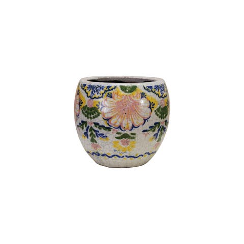 Terra-cotta Planter with Floral Pattern, Crackle Glaze, Multicolor