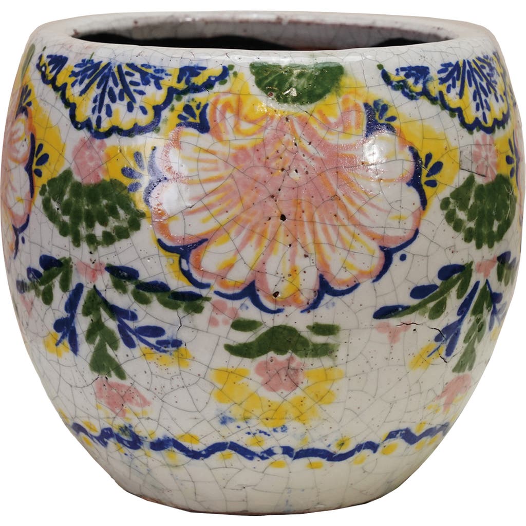 Storied Home Terra-cotta Planter With Floral Pattern, Crackle Glaze, Multicolor