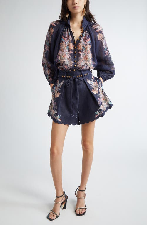 Zimmermann Rhiannon Billow Blue Blouse With High Neck And All-over Paisley Print In Ramie Woman In Blue
