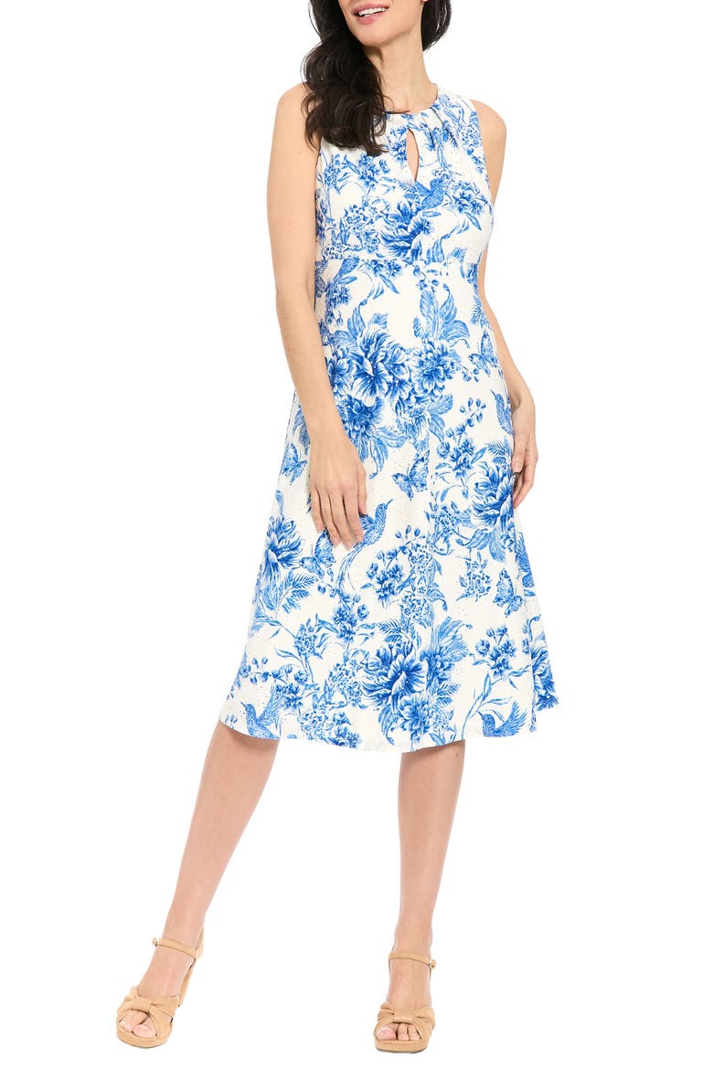 Floral Keyhole Sleeveless A-Line MIdi Dress, Main, color, SOFT WHITE/ SKY BLUE