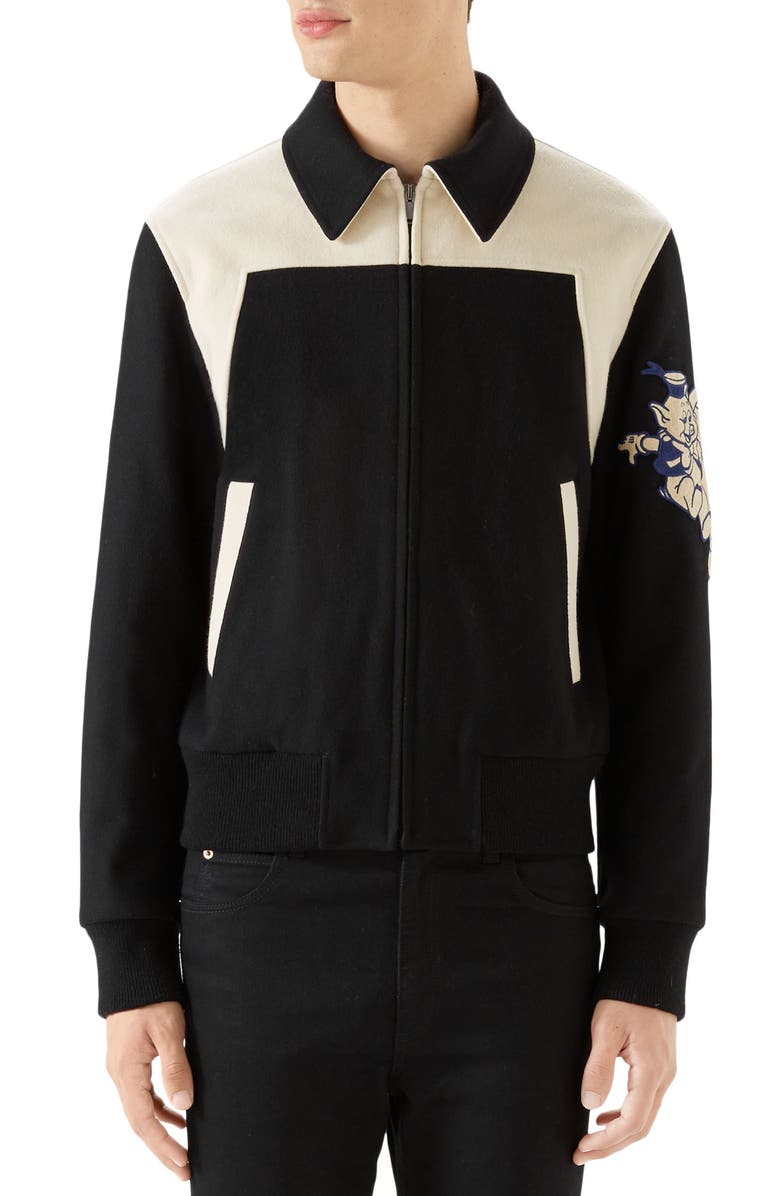 Gucci Wool Bomber with Cat Appliqué, Main, color, 