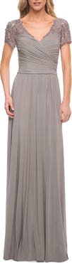 La Femme Jersey Long Evening Dress with Short Lace Sleeves
