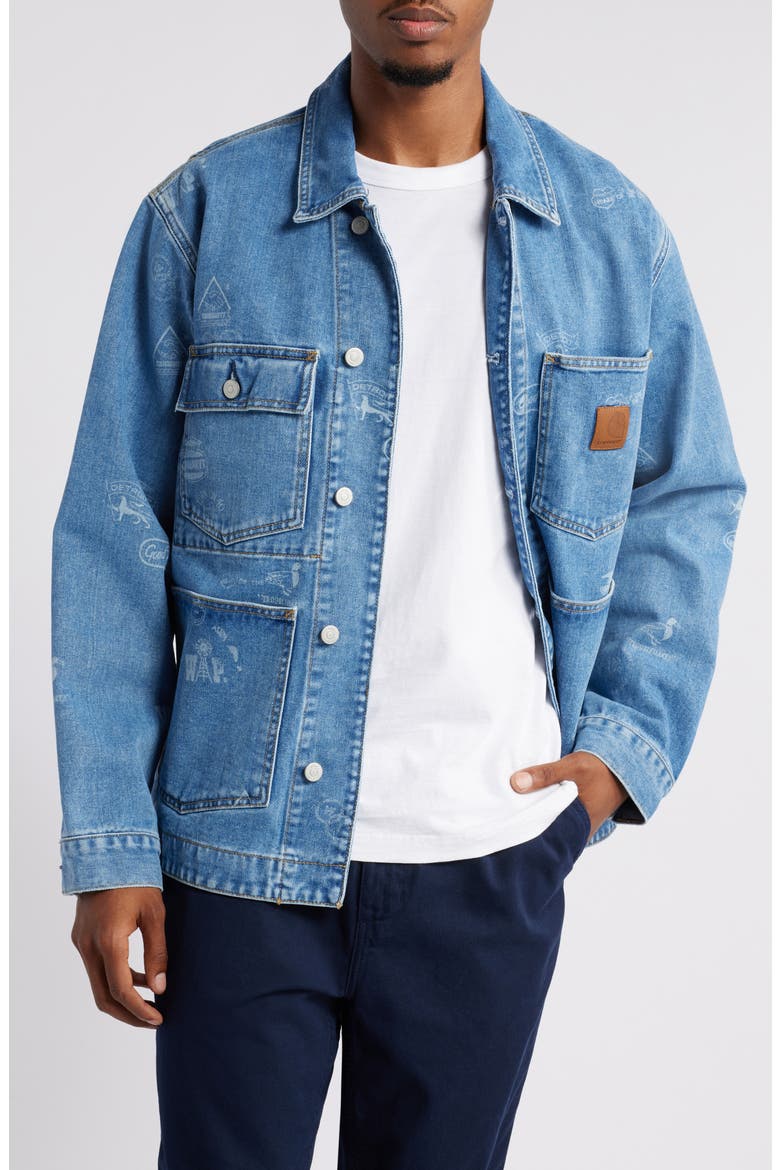 Stamp Print Denim Chore Coat, Main, color, STAMP PRINT BLUE BLEACHED