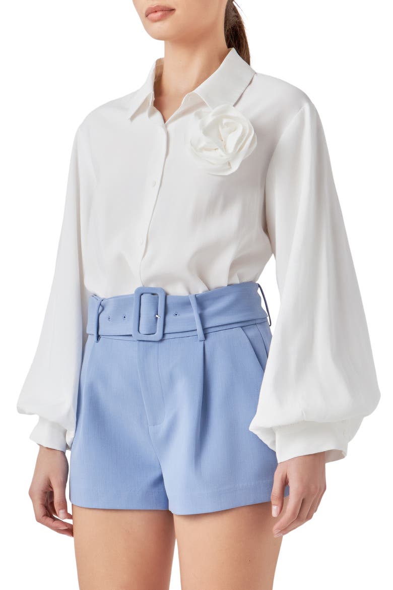 Corsage Bishop Sleeve Button-Up Top, Alternate, color, WHITE