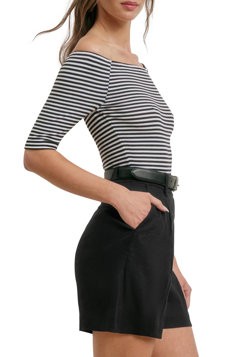 Sara Off the Shoulder Rib Top, Alternate, color, BLACK/ WHITE STRIPE