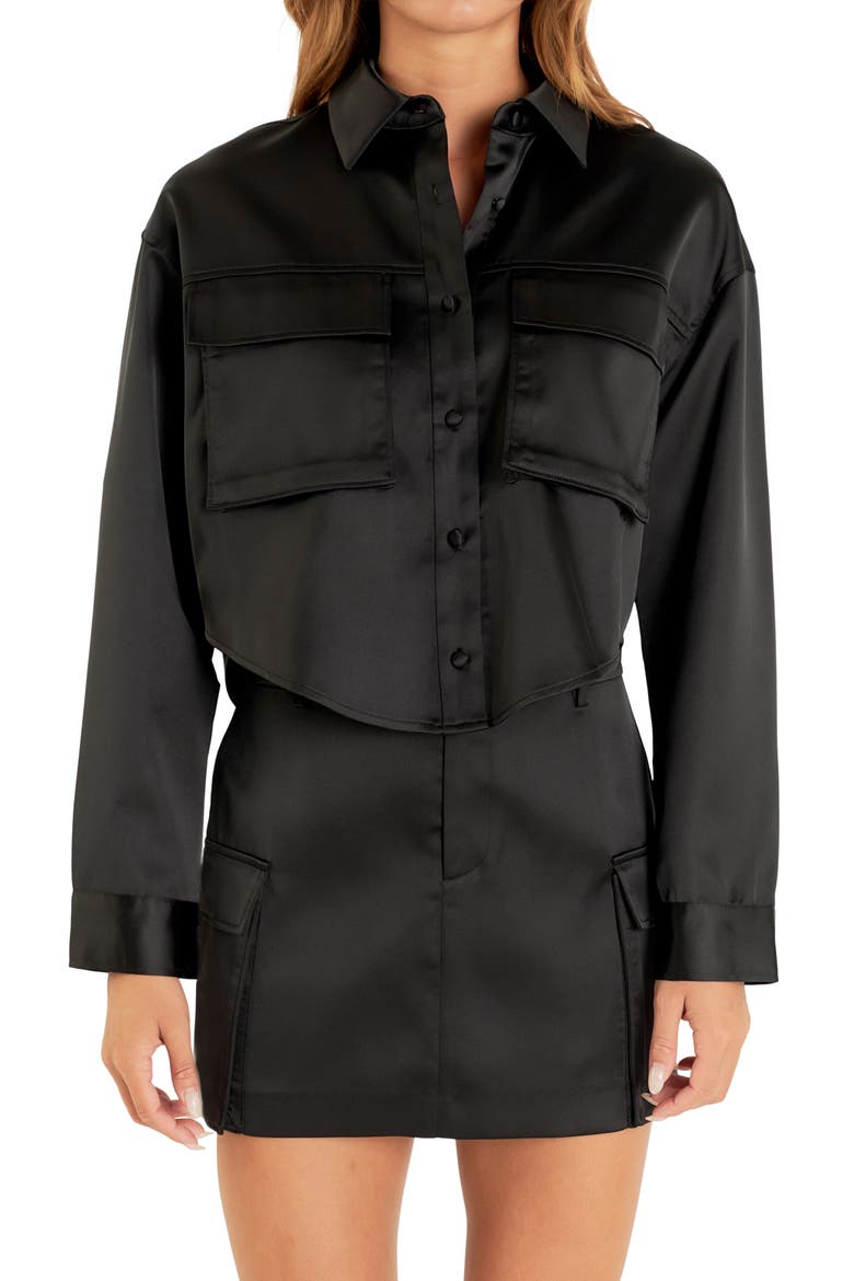 Pocket Detail Crop Satin Shirt, Alternate, color, BLACK