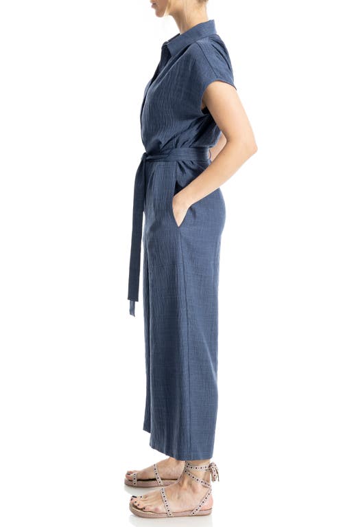 Max Studio Collared Short Sleeve Tie Waist Jumpsuit In Blue
