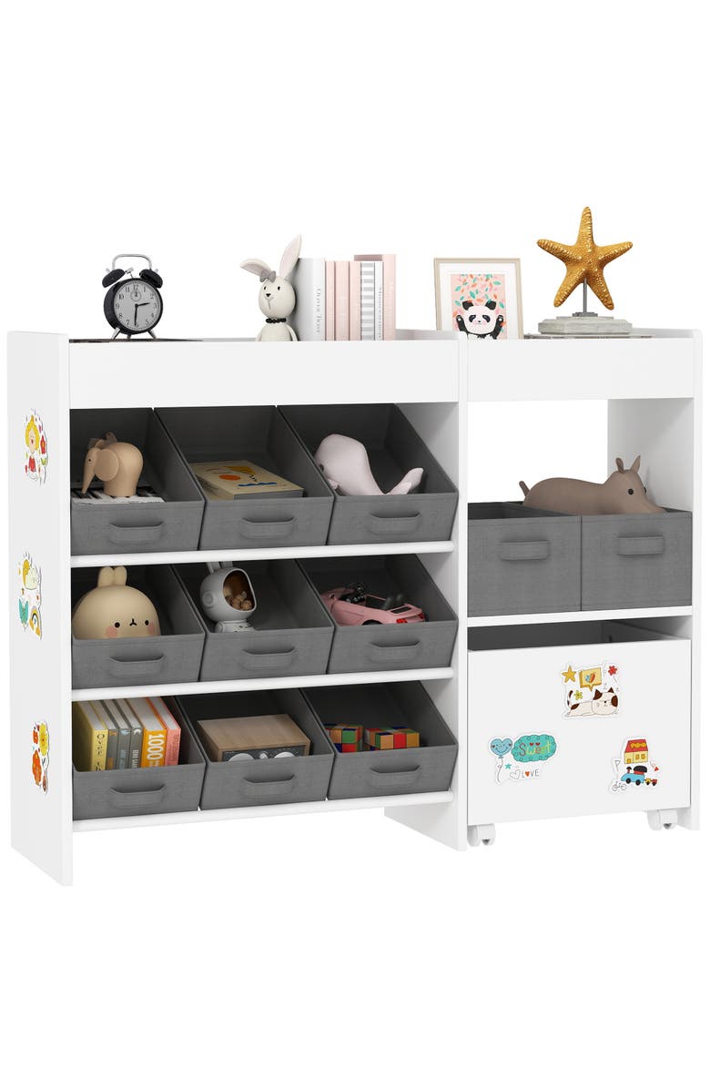 Qaba Toy Storage Organizer with Shelves and Fabric Bins Moveable Cabinet and Stickers Toy Organizer for Nursery Playroom Bedroom, Main, color, White