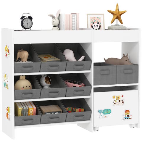 Toy Storage Organizer with Shelves and Fabric Bins Moveable Cabinet and Stickers Toy Organizer for Nursery Playroom Bedroom