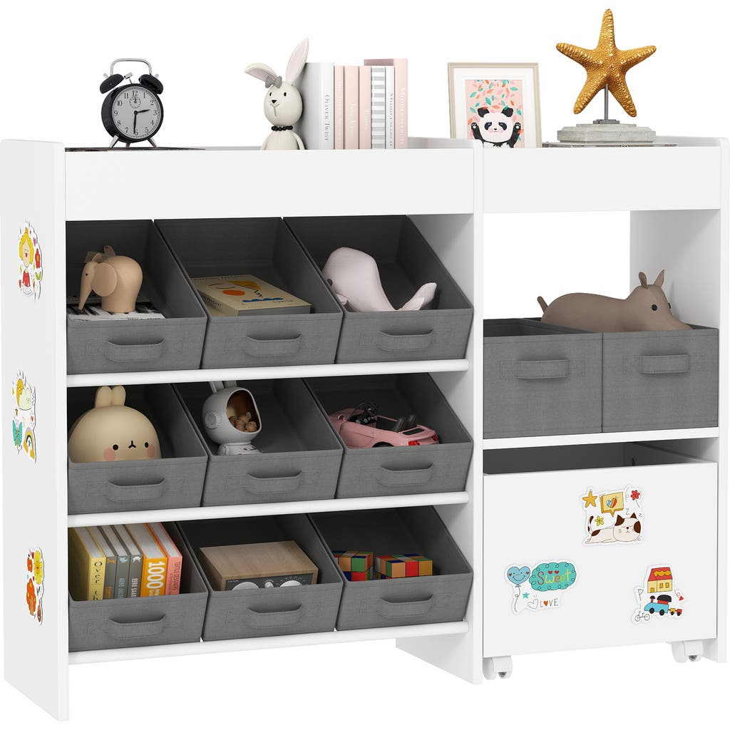 Qaba Toy Storage Organizer With Shelves And Fabric Bins Moveable Cabinet And Stickers Toy Organizer In White