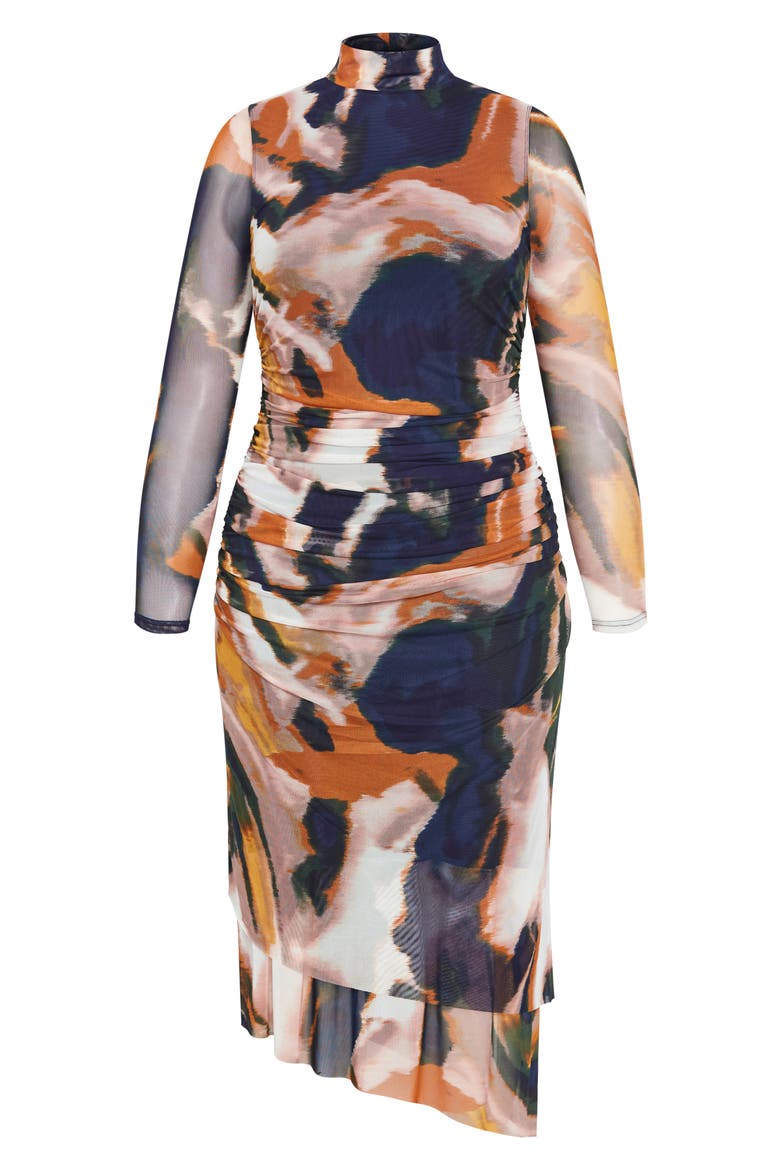 Zia Print Long Sleeve Ruched Mesh Dress, Alternate, color, GLAZE