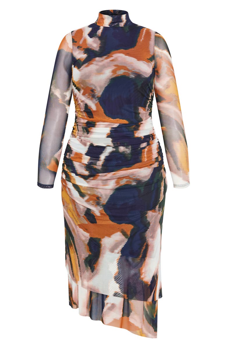 City Chic Zia Print Long Sleeve Ruched Mesh Dress, Alternate, color, Glaze