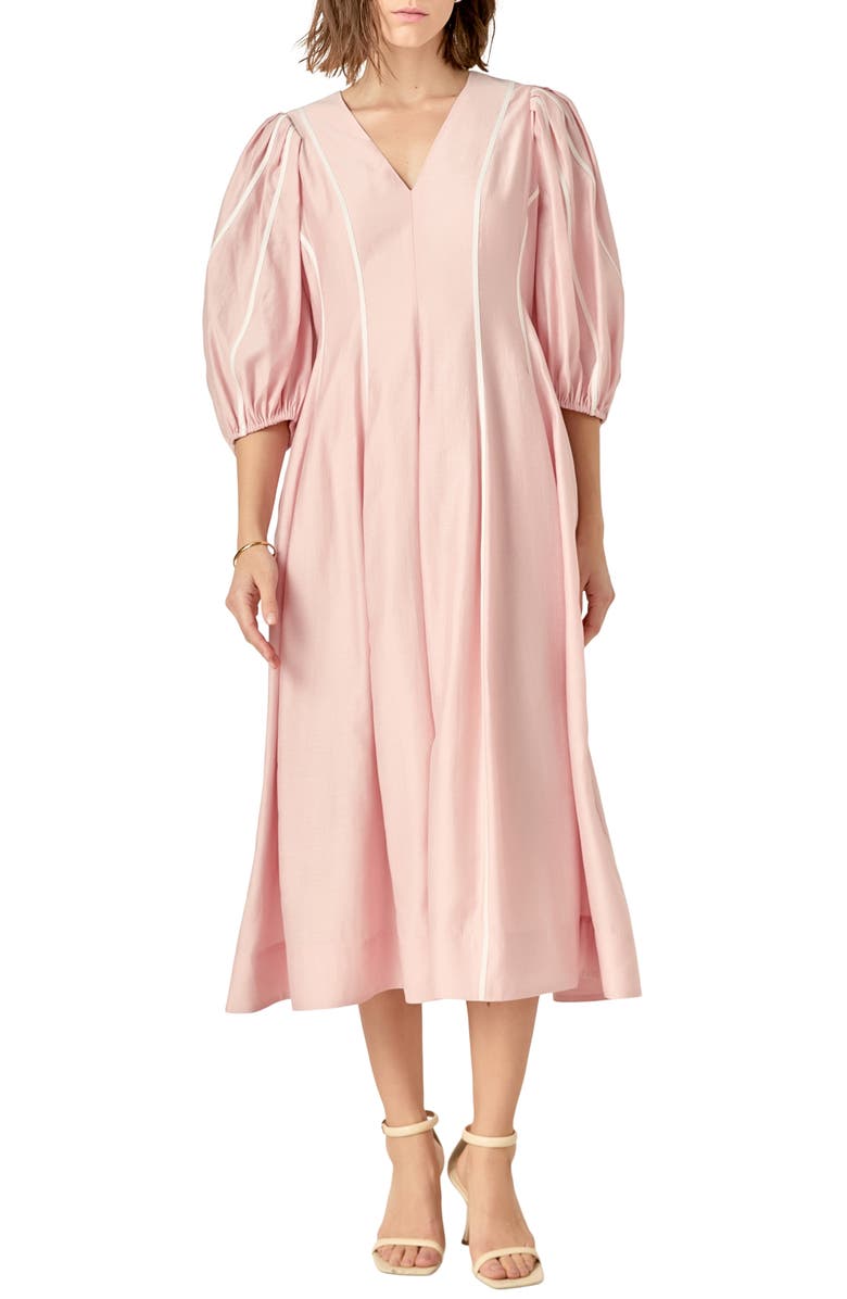 English Factory Contrast Binding Puff Shoulder Midi Dress, Main, color, Pink