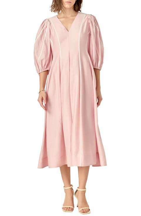 Contrast Binding Puff Shoulder Midi Dress