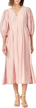 English Factory Contrast Binding Puff Shoulder Midi Dress