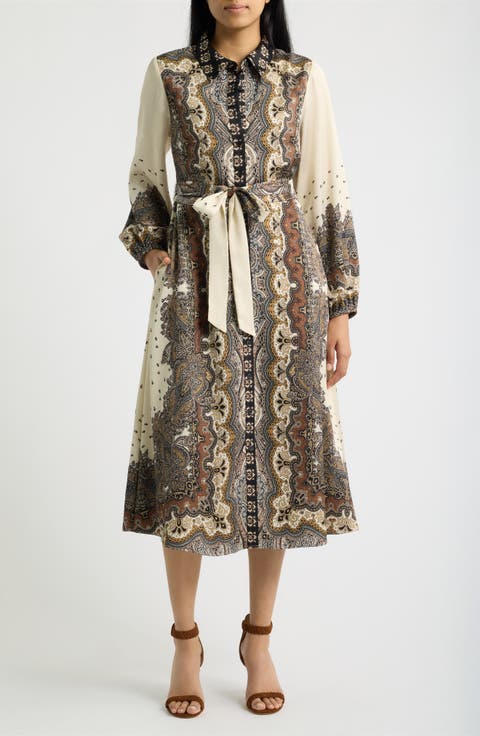 Mixed Paisley Long Sleeve Midi Shirtdress