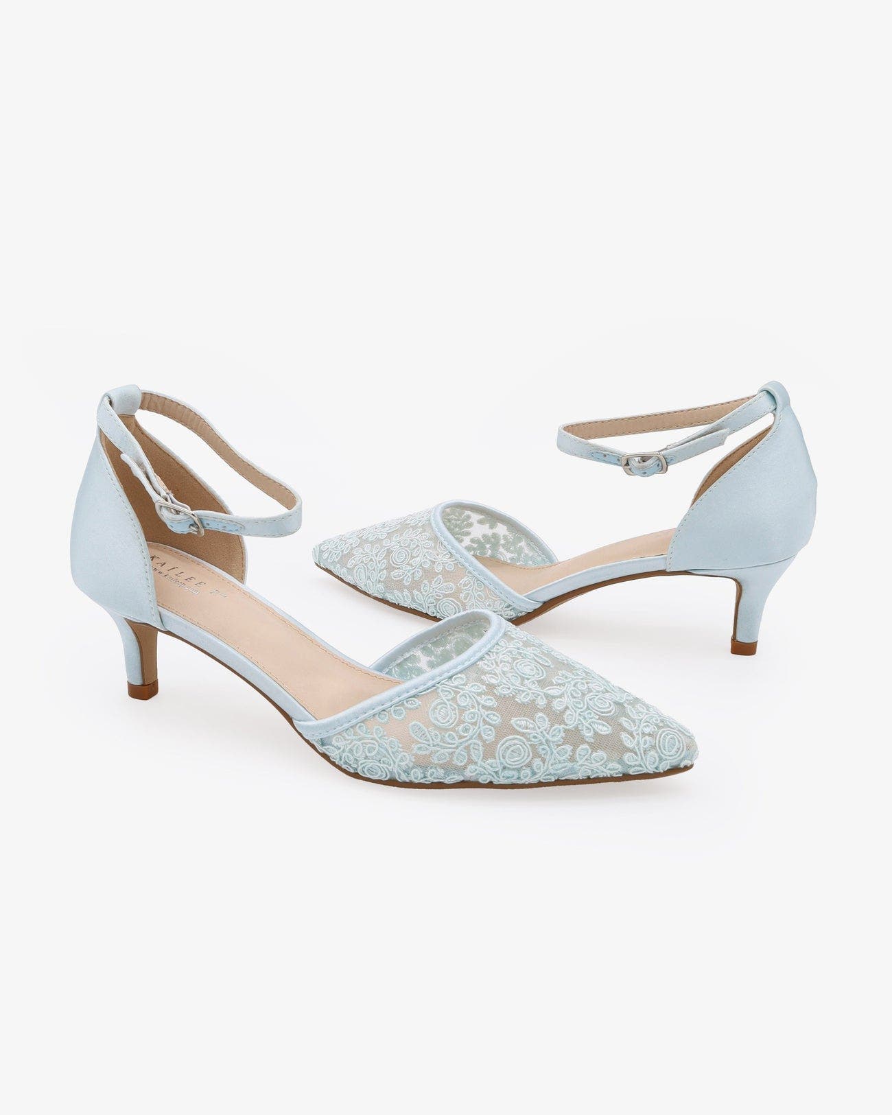 Claudia Crochet Lace pointed toe Wedding Kitten Low Heel, Alternate, color, Light Blue