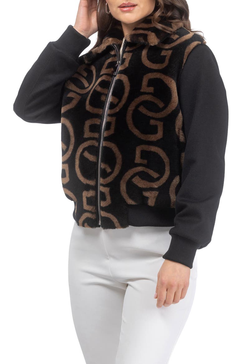 G Printed Merino Genuine Shearling Bomber Jacket Crafted with Loro Piana Wool Trim, Alternate, color, BLACK/CHESTNUT