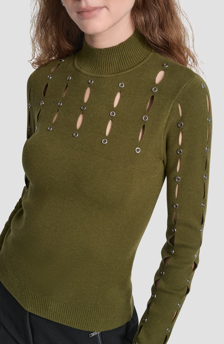 DKNY Grommet Cutout Detail Mock Neck Sweater, Alternate, color, Dark Olive