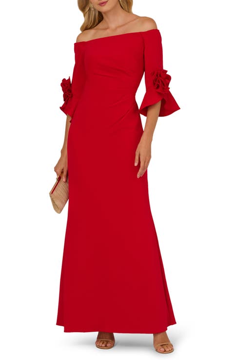 Rosette Off the Shoulder Scuba Crepe Gown